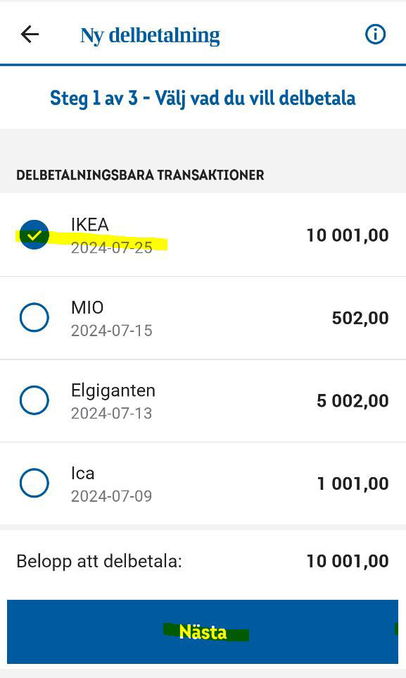 Lista med köp i appen