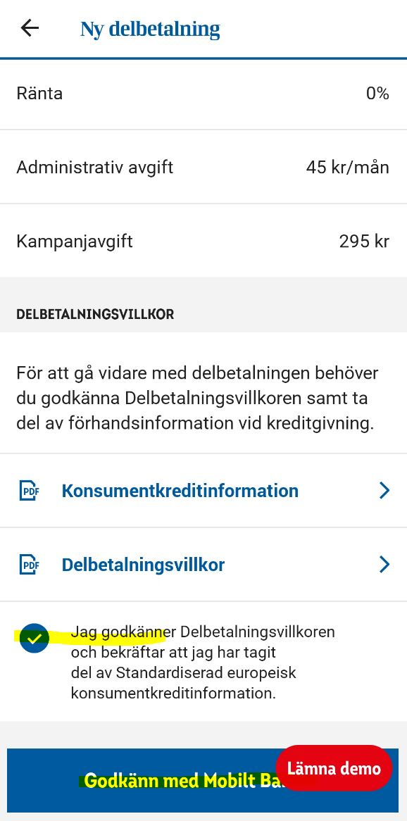 Betalplan specifikation i appen